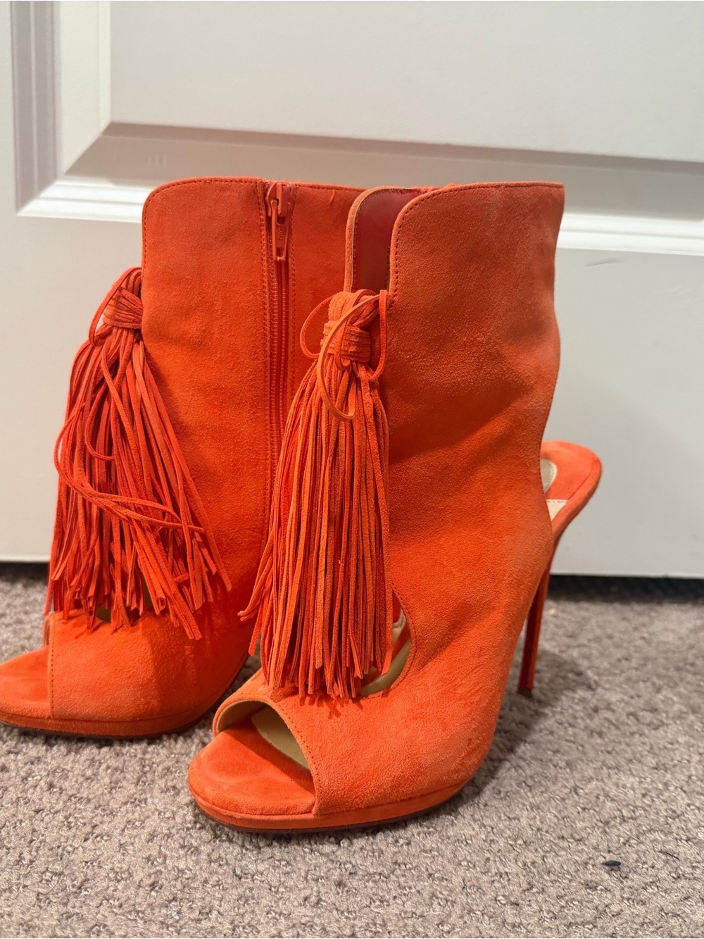Christian Louboutin Orange Suede Tassel Peep-Toe Booties